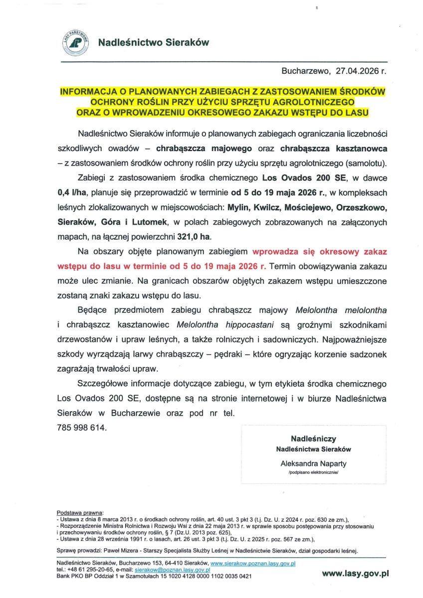 Zdjęcie: Informacja o planonwanych zabiegach z zastosowaniem środków ochrony roślin przy użyciu sprzętu agrolotniczego  oraz wprowadzeniu okresowego wstępu do lasu