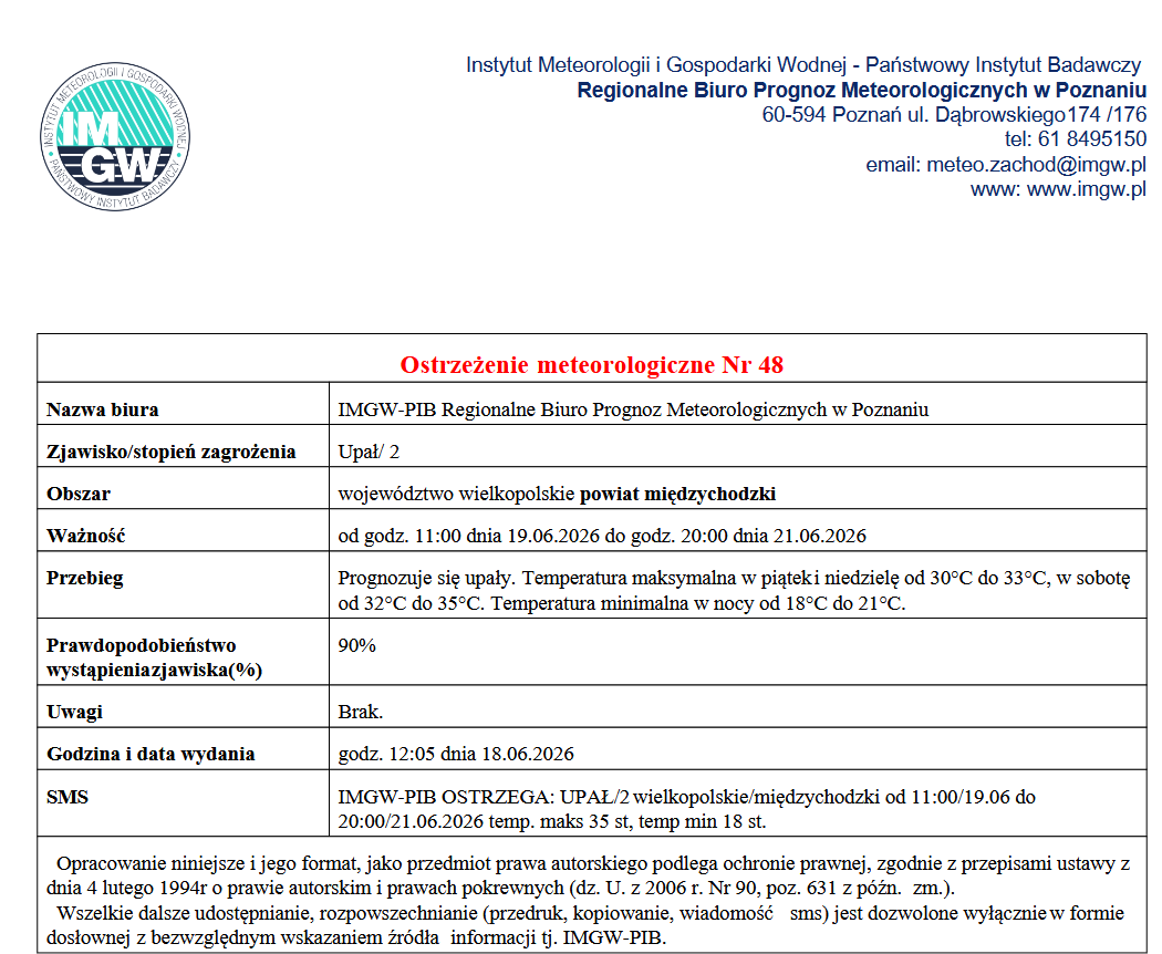 IMGW-PIB OSTRZEGA: UPAŁ - Powiat Międzychodzki