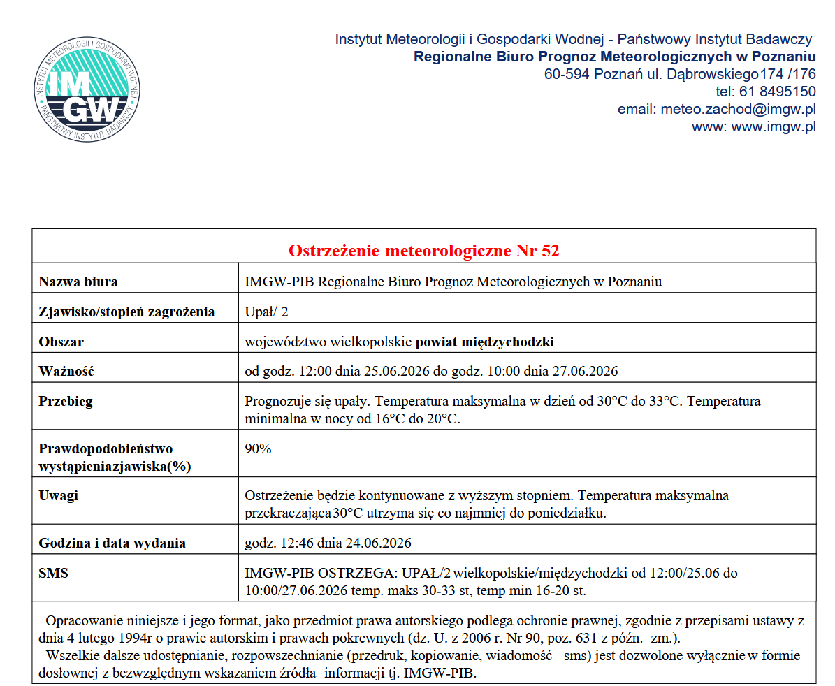Zdjęcie: IMGW-PIB OSTRZEGA: UPAŁ - Powiat Międzychodzki