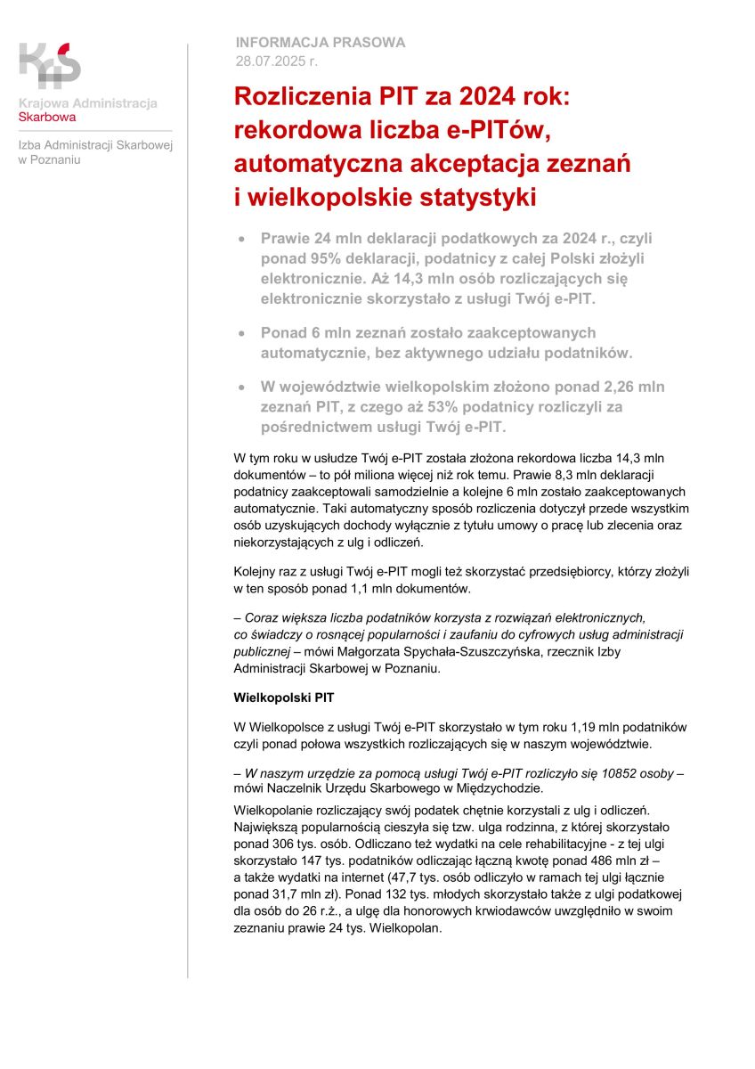Zdjęcie: Rozliczenia PIT za 2024 rok, rekordowa liczba e-PITów, automatyczna akceptacja zeznań i wielkopolskie statystyki