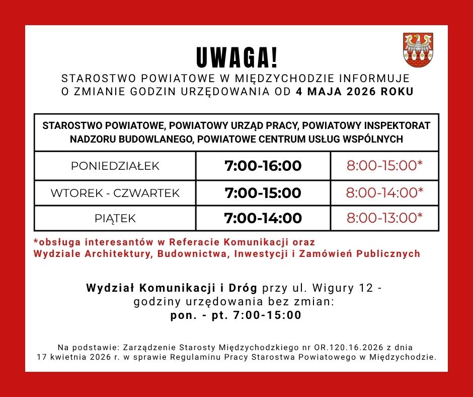 Zdjęcie: Uwaga! Zmiana godzin urzędowania Starostwa Powiatowego w Międzychodzie.